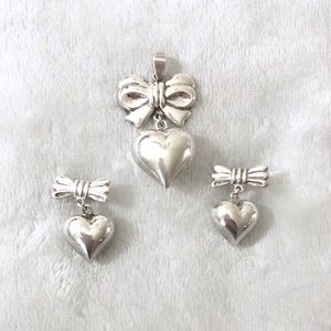 vintage 925 silver heart bow pendant earring set